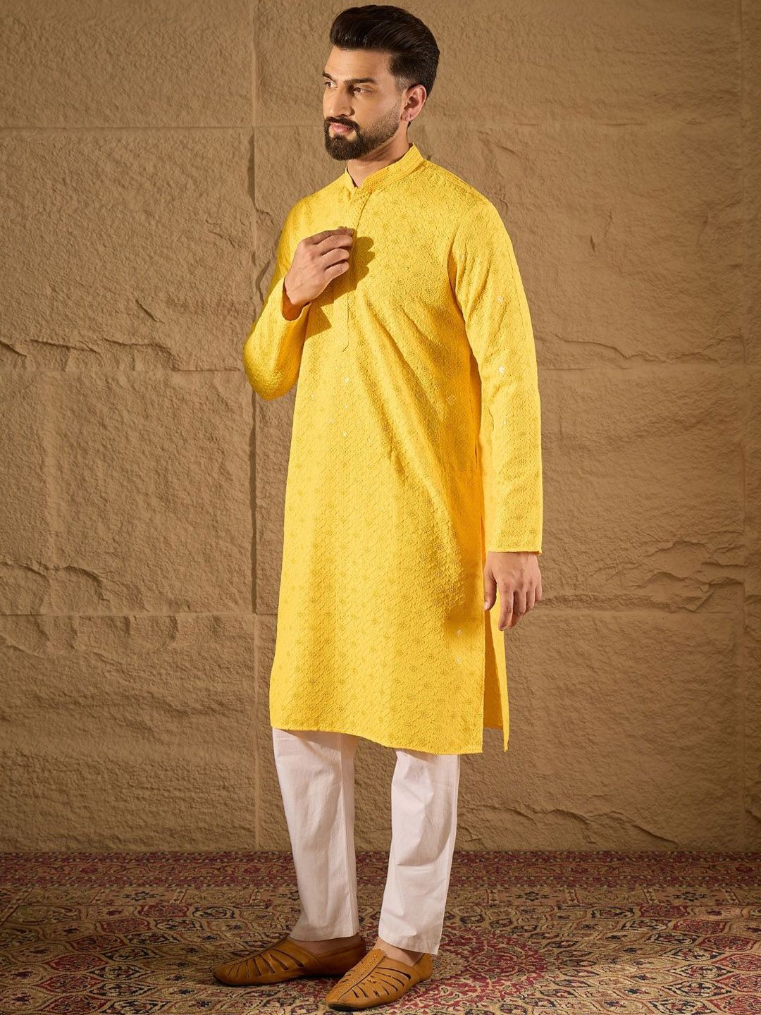 Men Yellow Viscose Rayon Solid Embroidered Straight Kurta With Pant Set-MKSET1212
