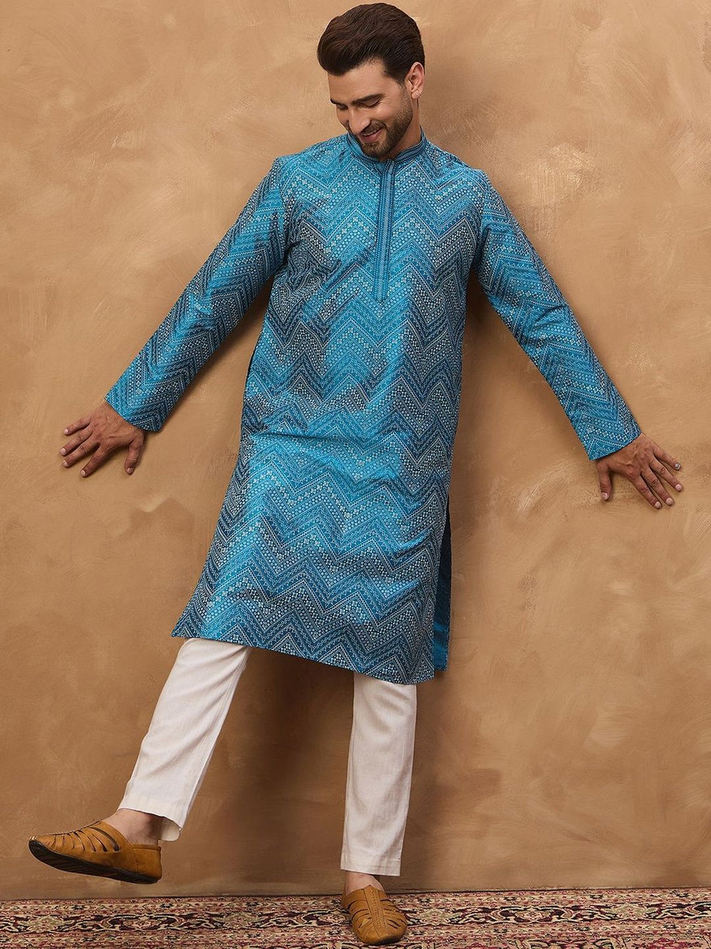 Men Blue Silk Blend Geometric Printed Straight Kurta With Pant Set-MKSET1531