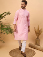 Men Pink Silk Blend Solid Embroidered Straight Kurta With Pant Set-MKSET1454