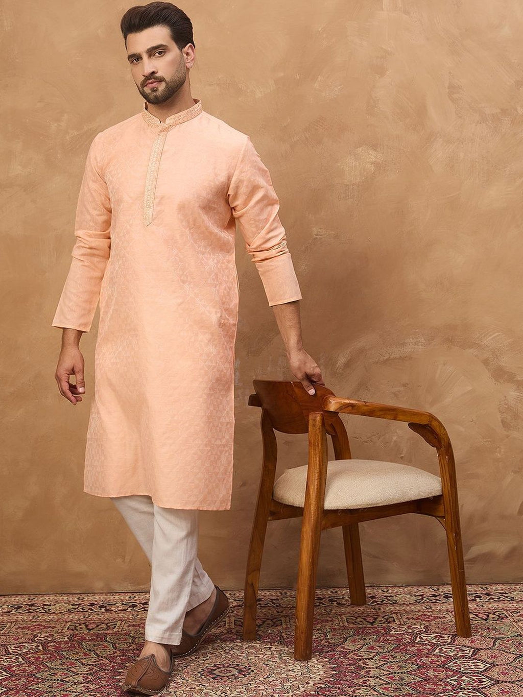 Men Peach Silk Blend Solid Embroidered Straight Kurta With Pant Set-MKSET1453