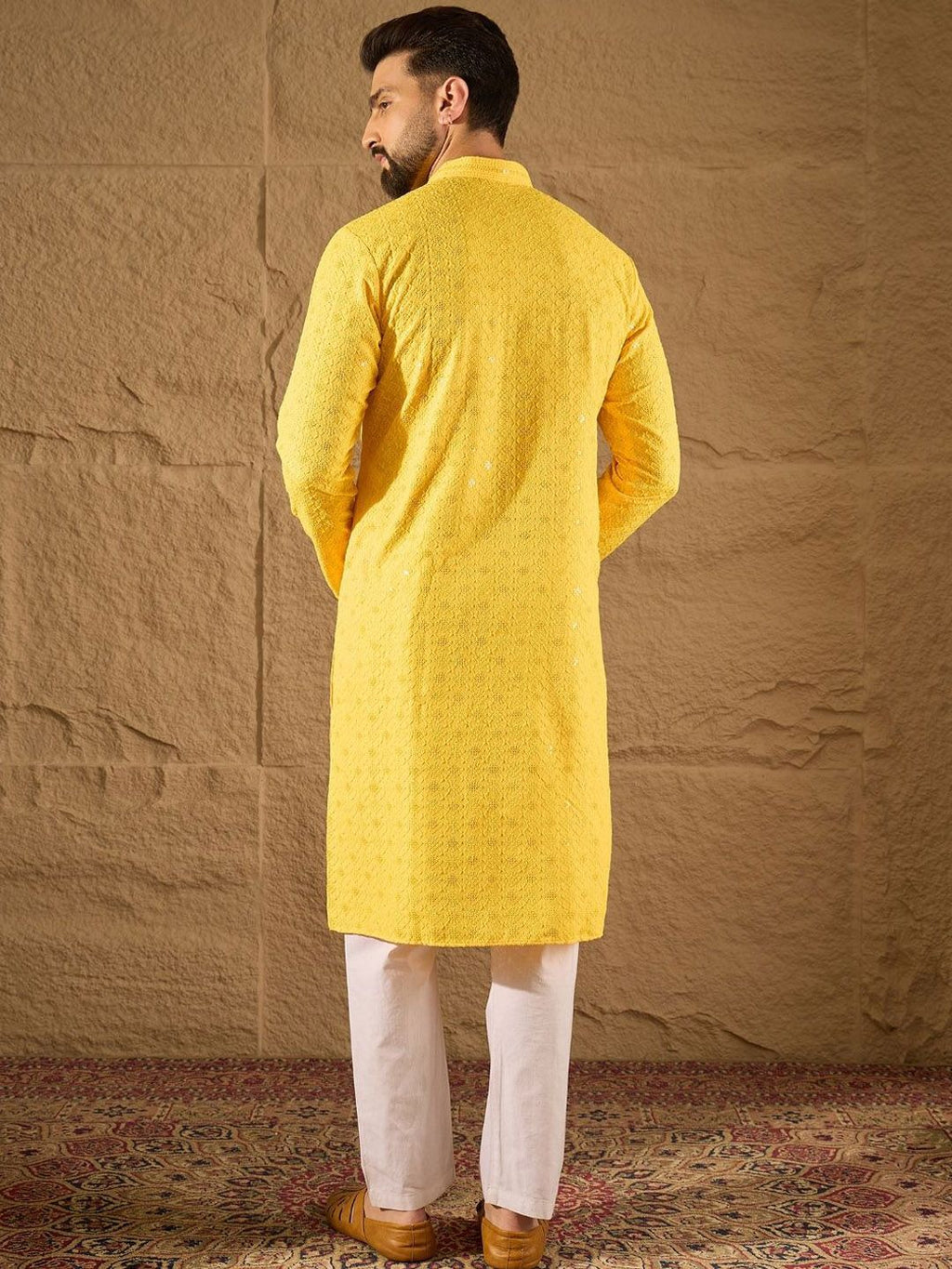 Men Yellow Viscose Rayon Solid Embroidered Straight Kurta With Pant Set-MKSET1212