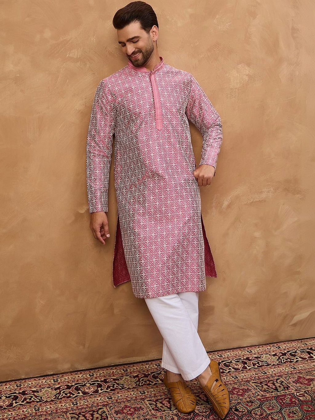 Men Pink Silk Blend Ethnic Motifs Printed Straight Kurta With Pant Set-MKSET1525