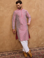 Men Pink Silk Blend Ethnic Motifs Printed Straight Kurta With Pant Set-MKSET1525
