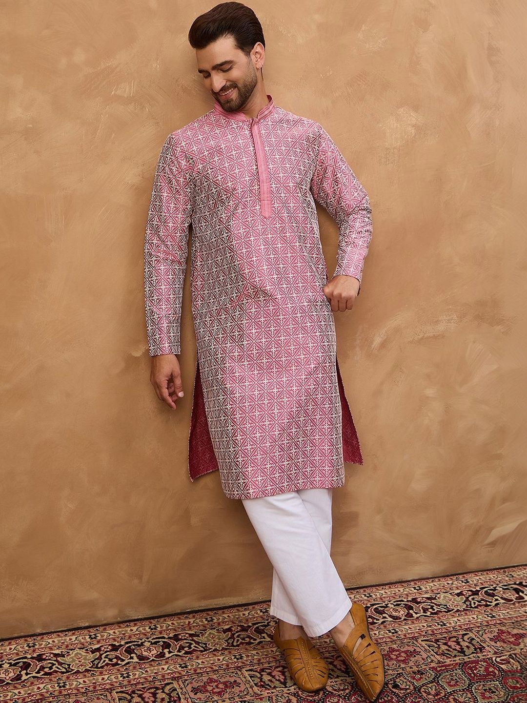 Men Pink Silk Blend Ethnic Motifs Printed Straight Kurta With Pant Set-MKSET1525