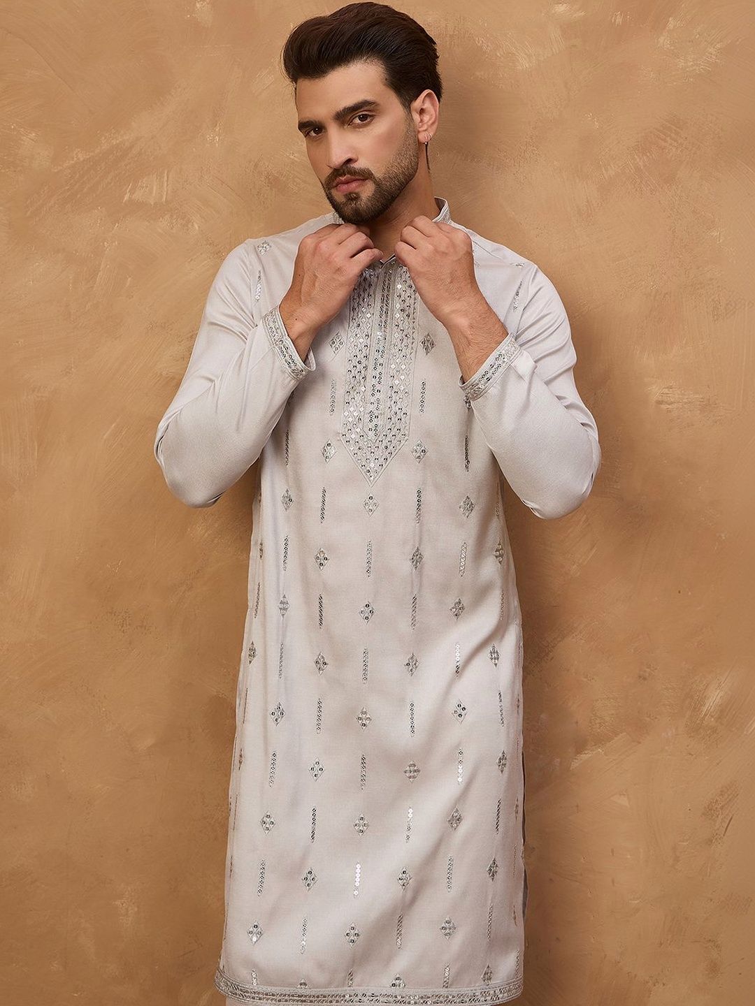 Men Grey Silk Blend Solid Embroidered Straight Kurta With Pant Set-MKSET1438