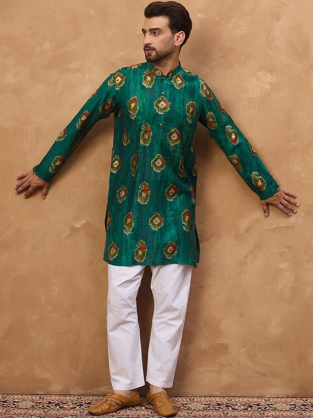 Men Teal Viscose Rayon Ethnic Motifs Printed Straight Kurta With Pant Set-MKSET1541