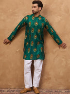 Men Teal Viscose Rayon Ethnic Motifs Printed Straight Kurta With Pant Set-MKSET1541