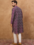 Men Purple Silk Blend Geometric Printed Straight Kurta With Pant Set-MKSET1521