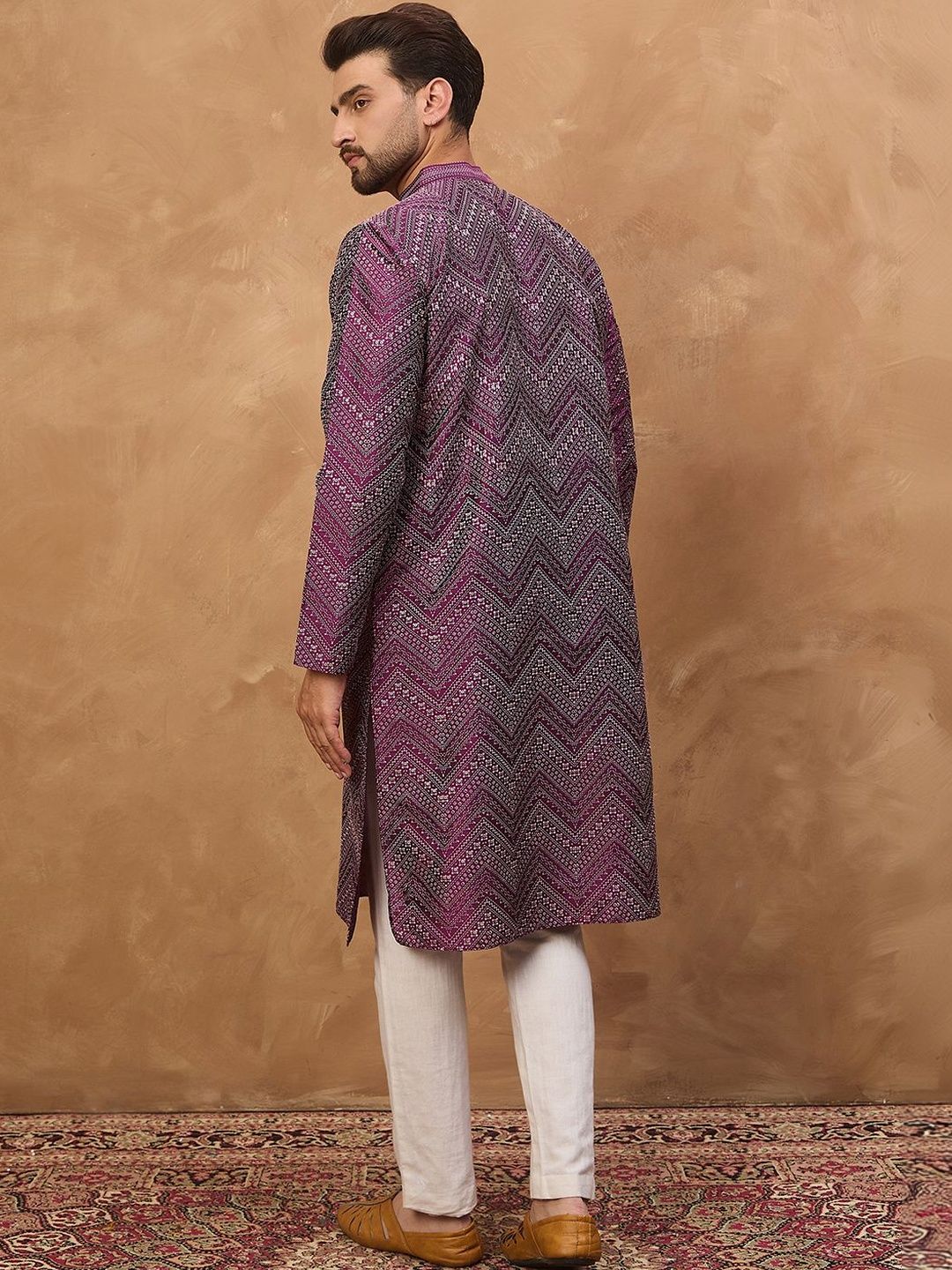 Men Purple Silk Blend Geometric Printed Straight Kurta With Pant Set-MKSET1521