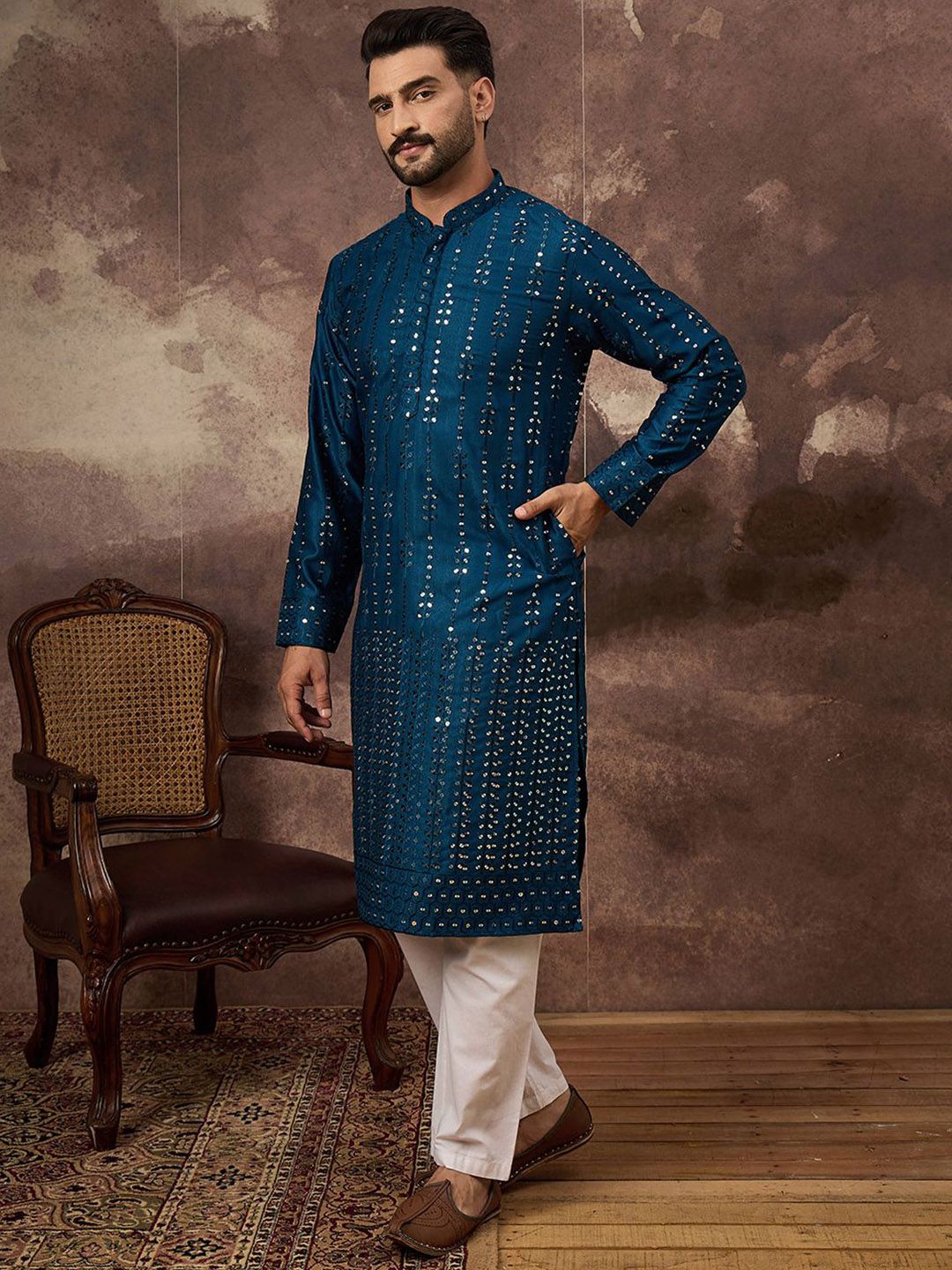 Men Blue Silk Blend Solid Embroidered Straight Kurta With Pant Set-MKSET1358