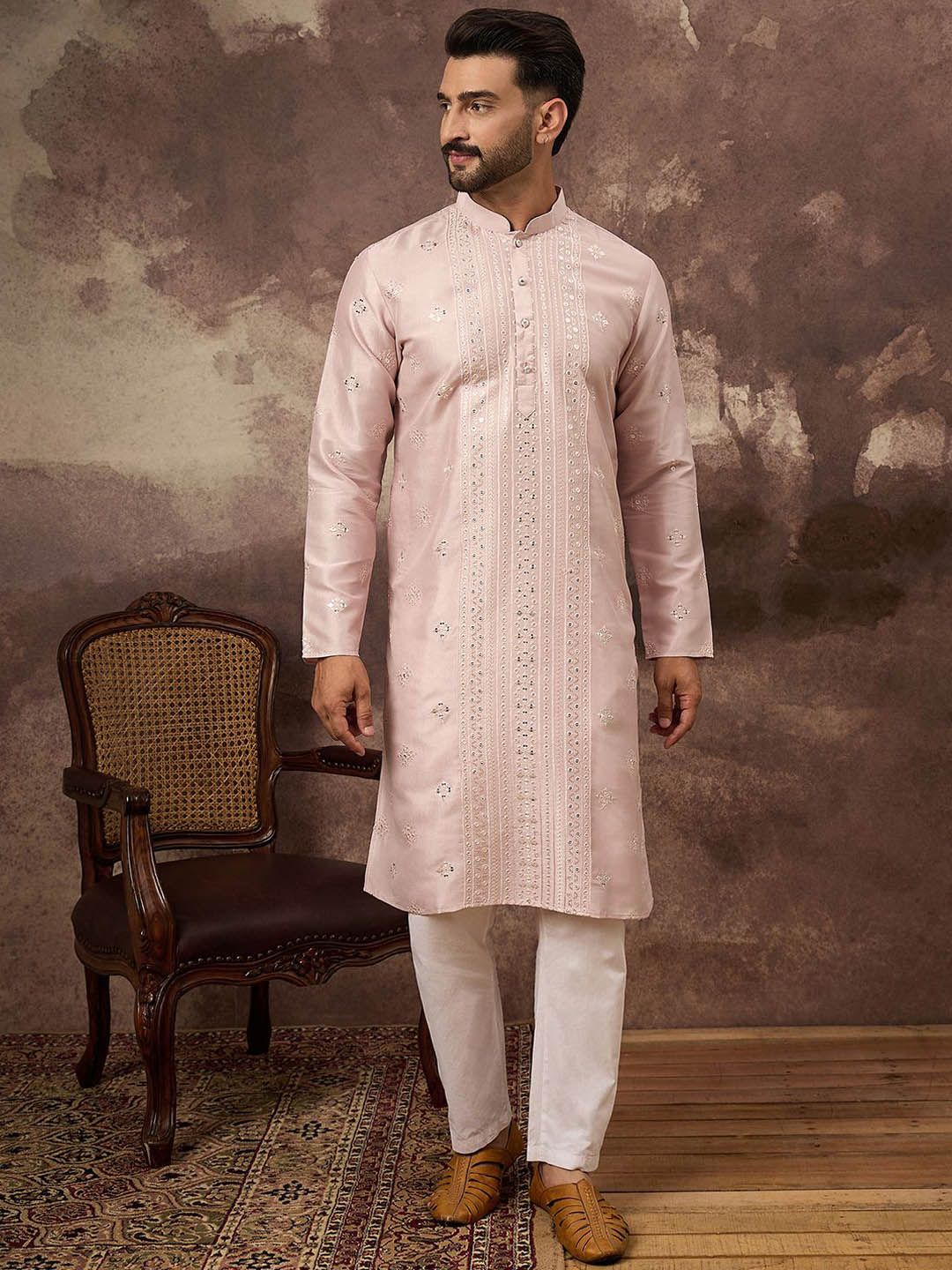 Men Pink Silk Blend Solid Embroidered Straight Kurta With Pant Set-MKSET1362
