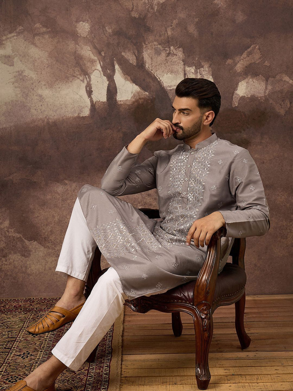Men Grey Silk Blend Solid Embroidered Straight Kurta With Pant Set-MKSET1420