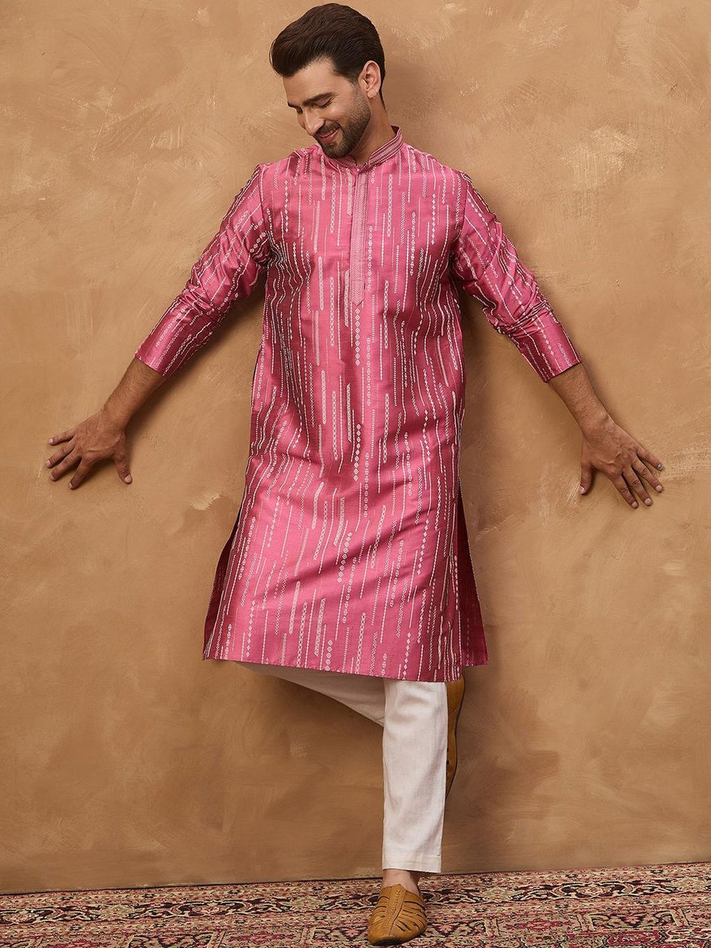 Men Pink Silk Blend Geometric Printed Straight Kurta With Pant Set-MKSET1533