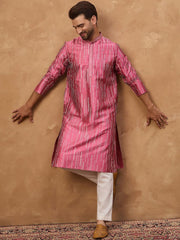 Men Pink Silk Blend Geometric Printed Straight Kurta With Pant Set-MKSET1533