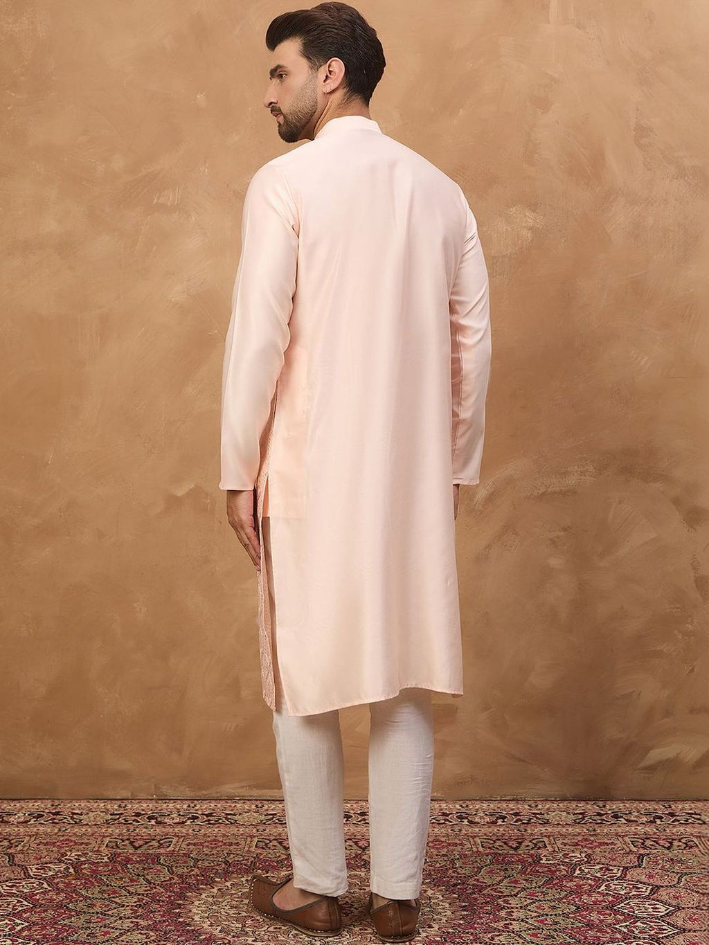 Men Peach Silk Blend Solid Embroidered Straight Kurta With Pant Set-MKSET1431