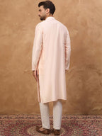 Men Peach Silk Blend Solid Embroidered Straight Kurta With Pant Set-MKSET1431