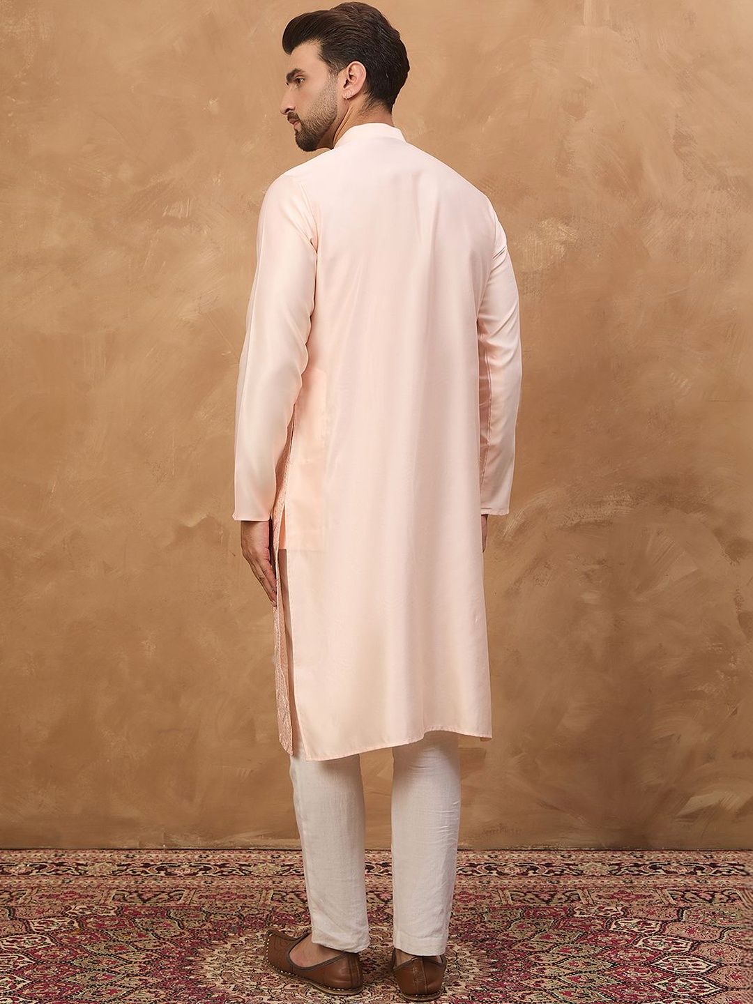 Men Peach Silk Blend Solid Embroidered Straight Kurta With Pant Set-MKSET1431