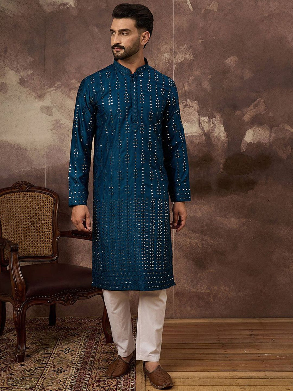 Men Blue Silk Blend Solid Embroidered Straight Kurta With Pant Set-MKSET1358