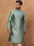 Men Blue Silk Blend Solid Woven Design Straight Kurta With Pant Set-MKSET1457