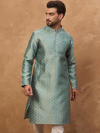 Men Blue Silk Blend Solid Woven Design Straight Kurta With Pant Set-MKSET1457