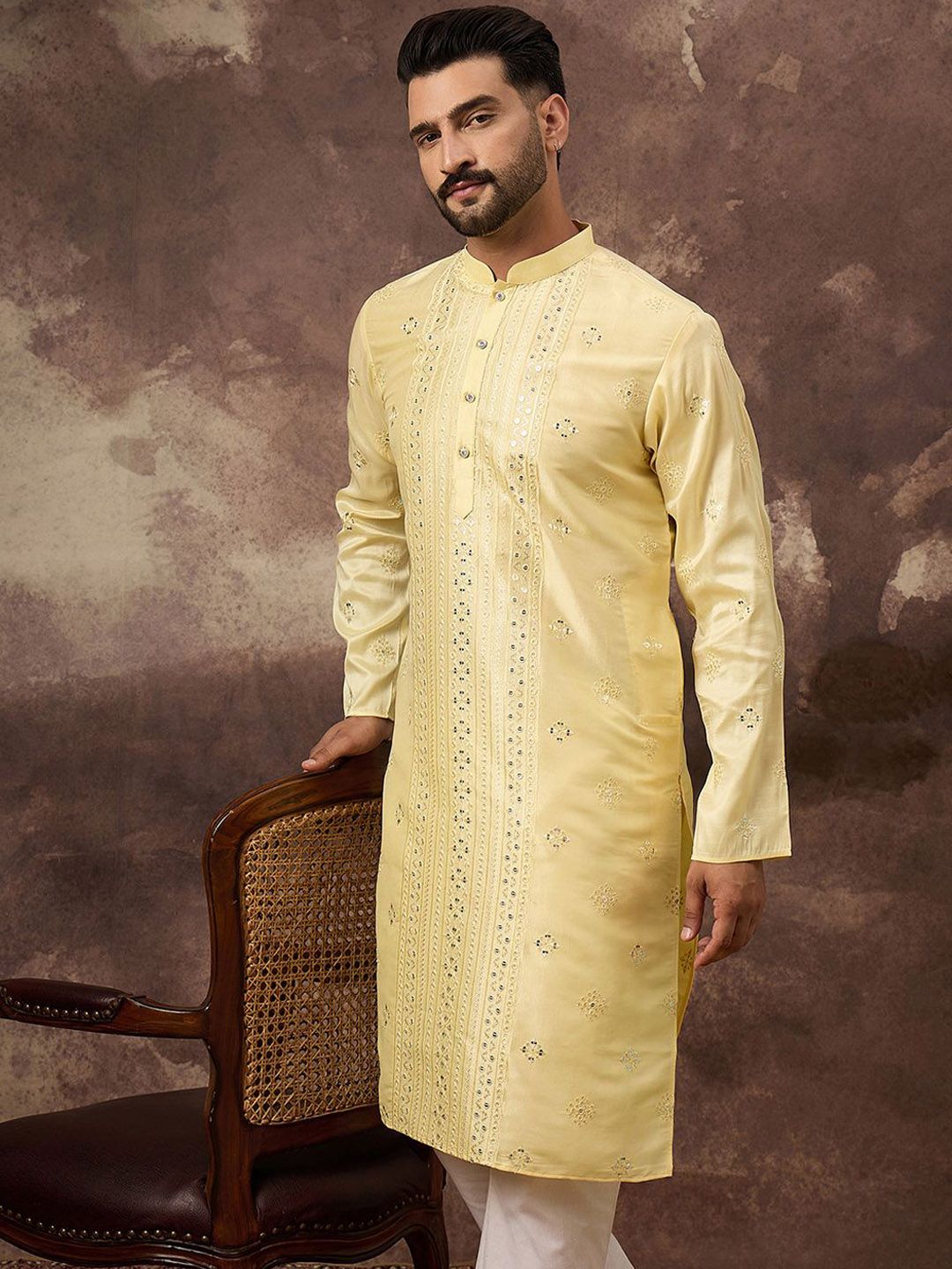 Men Yellow Silk Blend Solid Embroidered Straight Kurta With Pant Set-MKSET1364