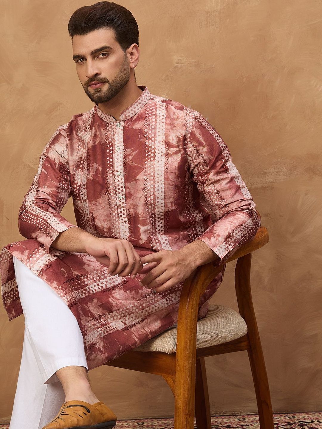Men Brown Silk Blend Shibori Embroidered Straight Kurta With Pant Set-MKSET1539