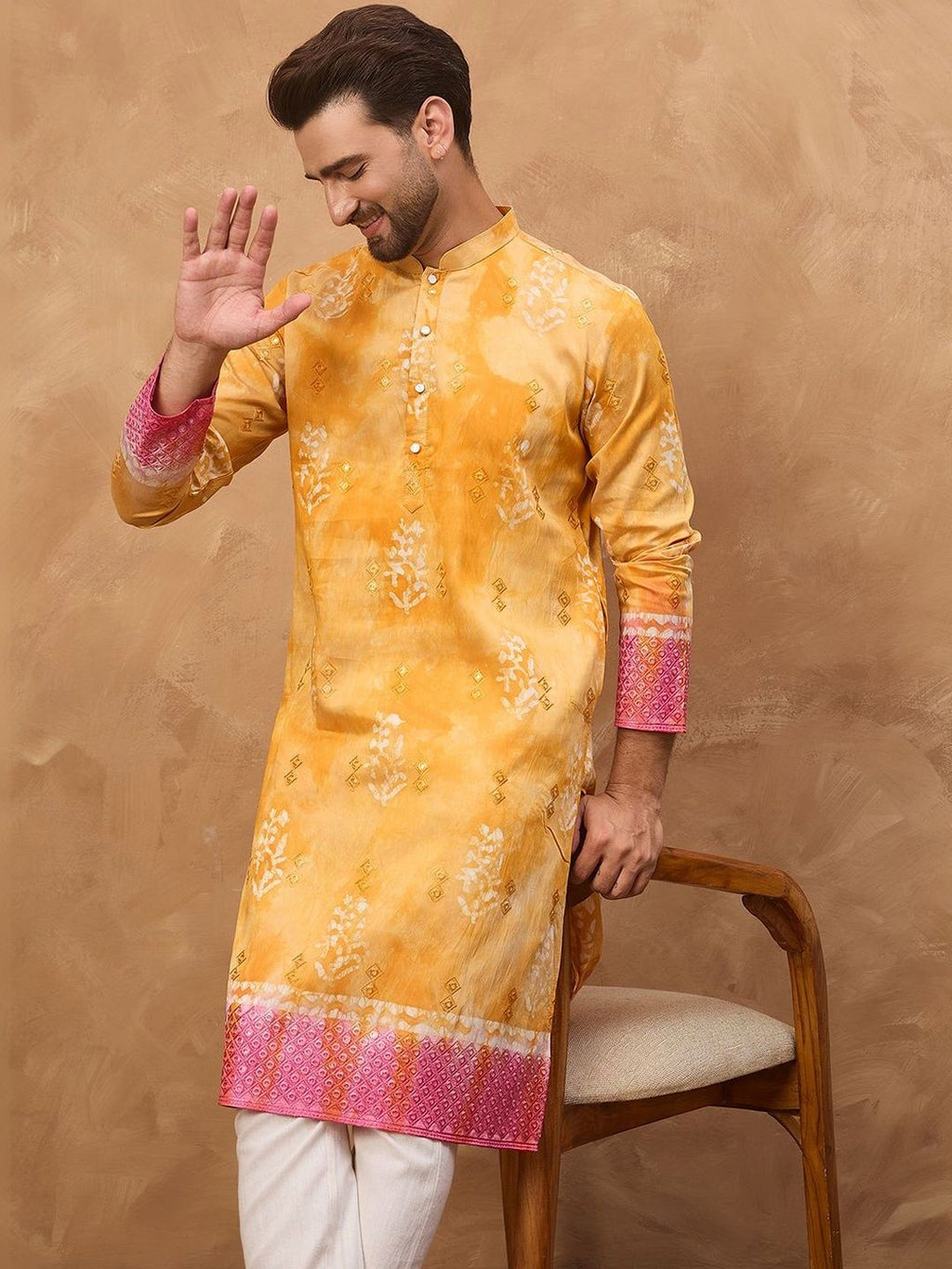 Men Yellow Silk Blend Batik Embroidered Straight Kurta With Pant Set-MKSET1513