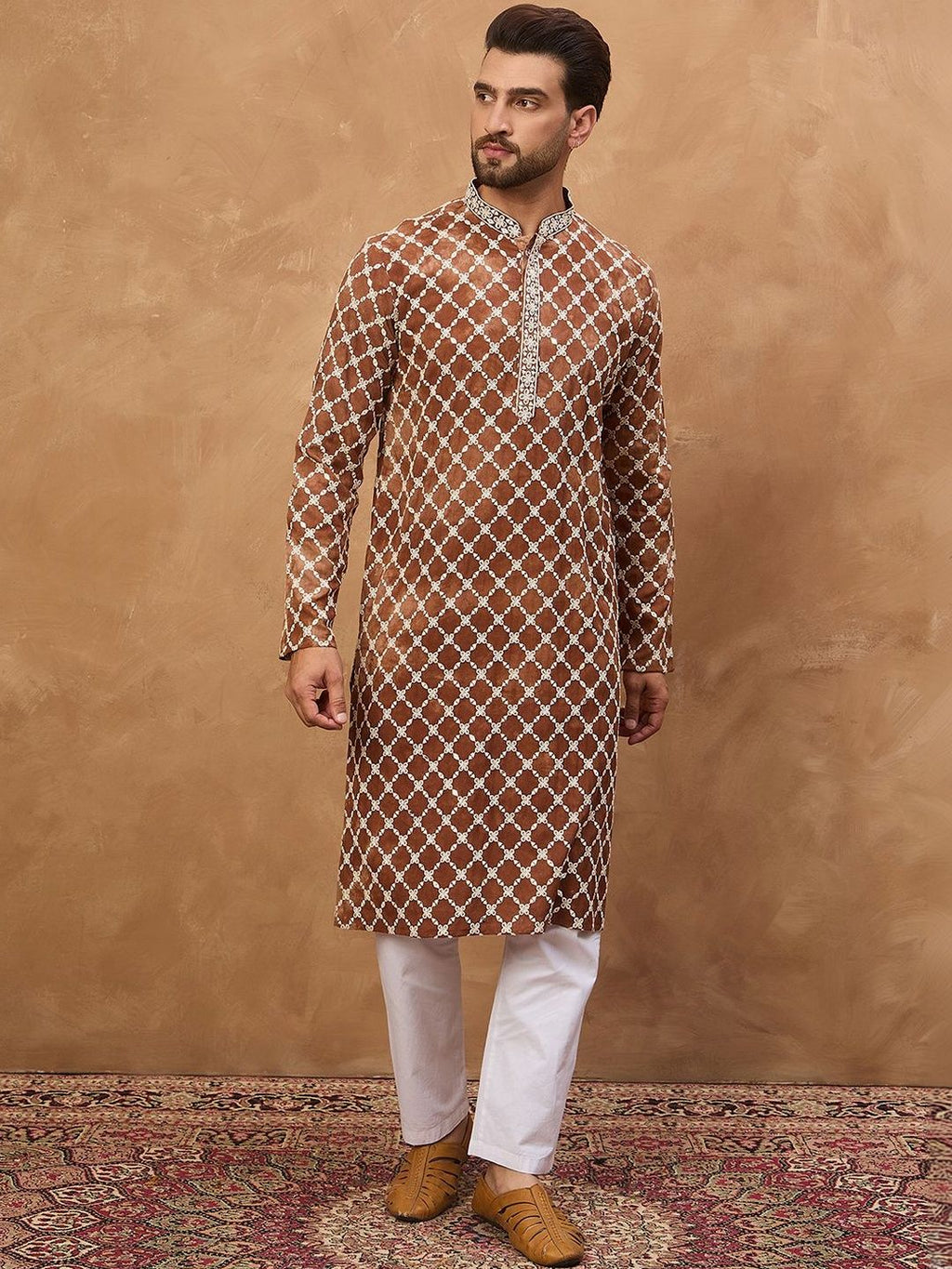 Men Brown Viscose Rayon Solid Embroidered Straight Kurta With Pant Set-MKSET1535
