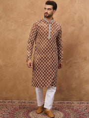 Men Brown Viscose Rayon Solid Embroidered Straight Kurta With Pant Set-MKSET1535