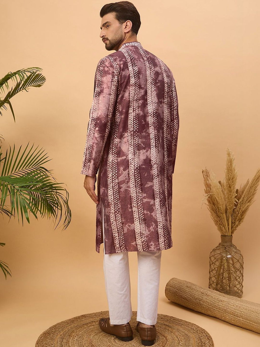 Men Burgundy Silk Blend Shibori Embroidered Straight Kurta With Pant Set-MKSET1537
