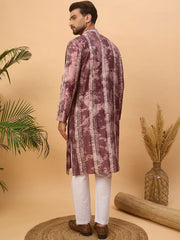 Men Burgundy Silk Blend Shibori Embroidered Straight Kurta With Pant Set-MKSET1537