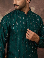 Men Teal Silk Blend Solid Embroidered Straight Kurta With Pant Set-MKSET1357