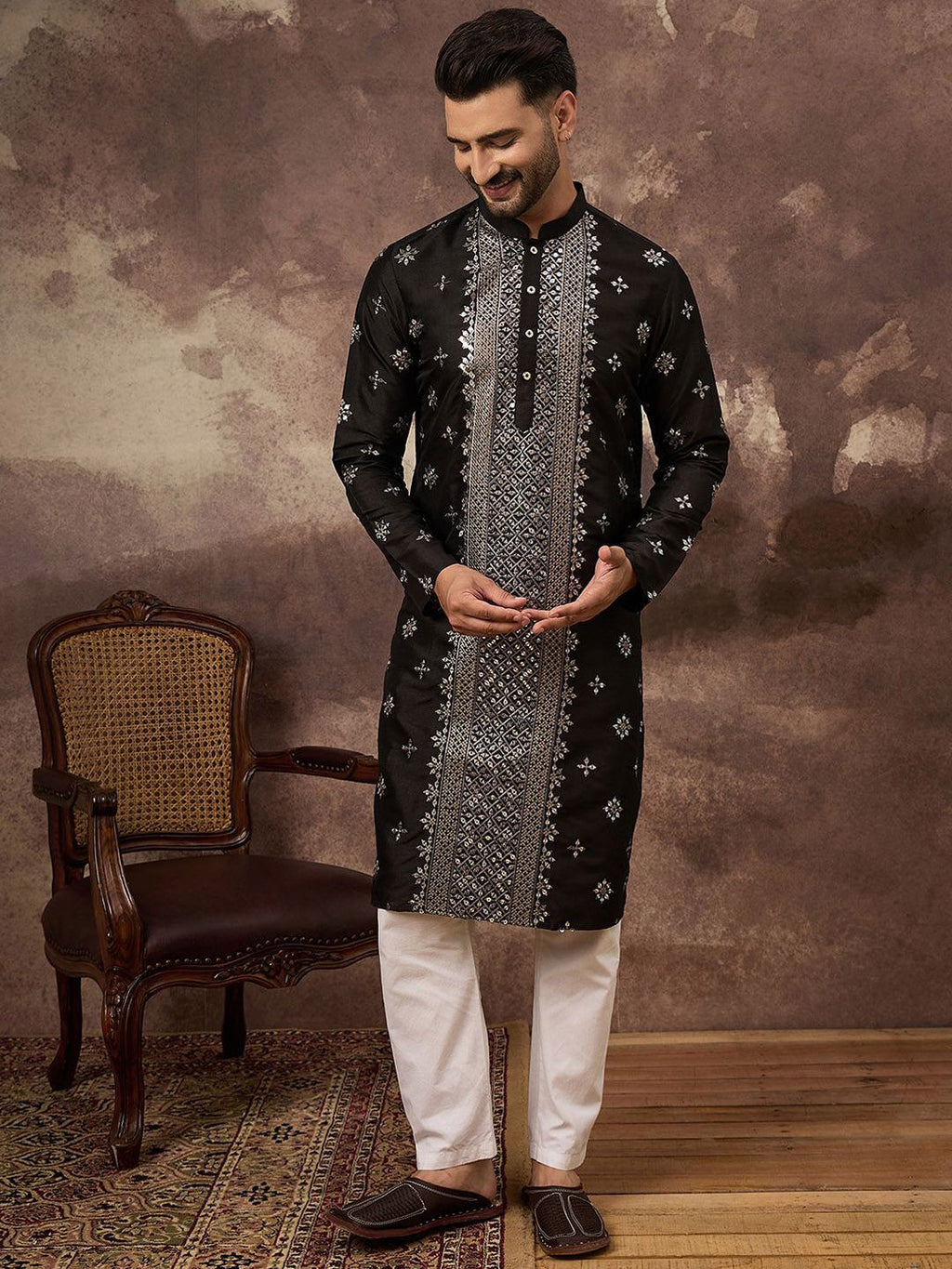 Men Black Silk Blend Solid Embroidered Straight Kurta With Pant Set-MKSET1370