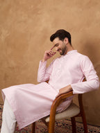 Men Pink Silk Blend Solid Embroidered Straight Kurta With Pant Set-MKSET1512