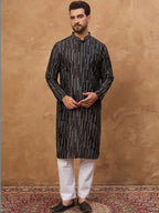 Men Black Silk Blend Geometric Printed Straight Kurta With Pant Set-MKSET1516