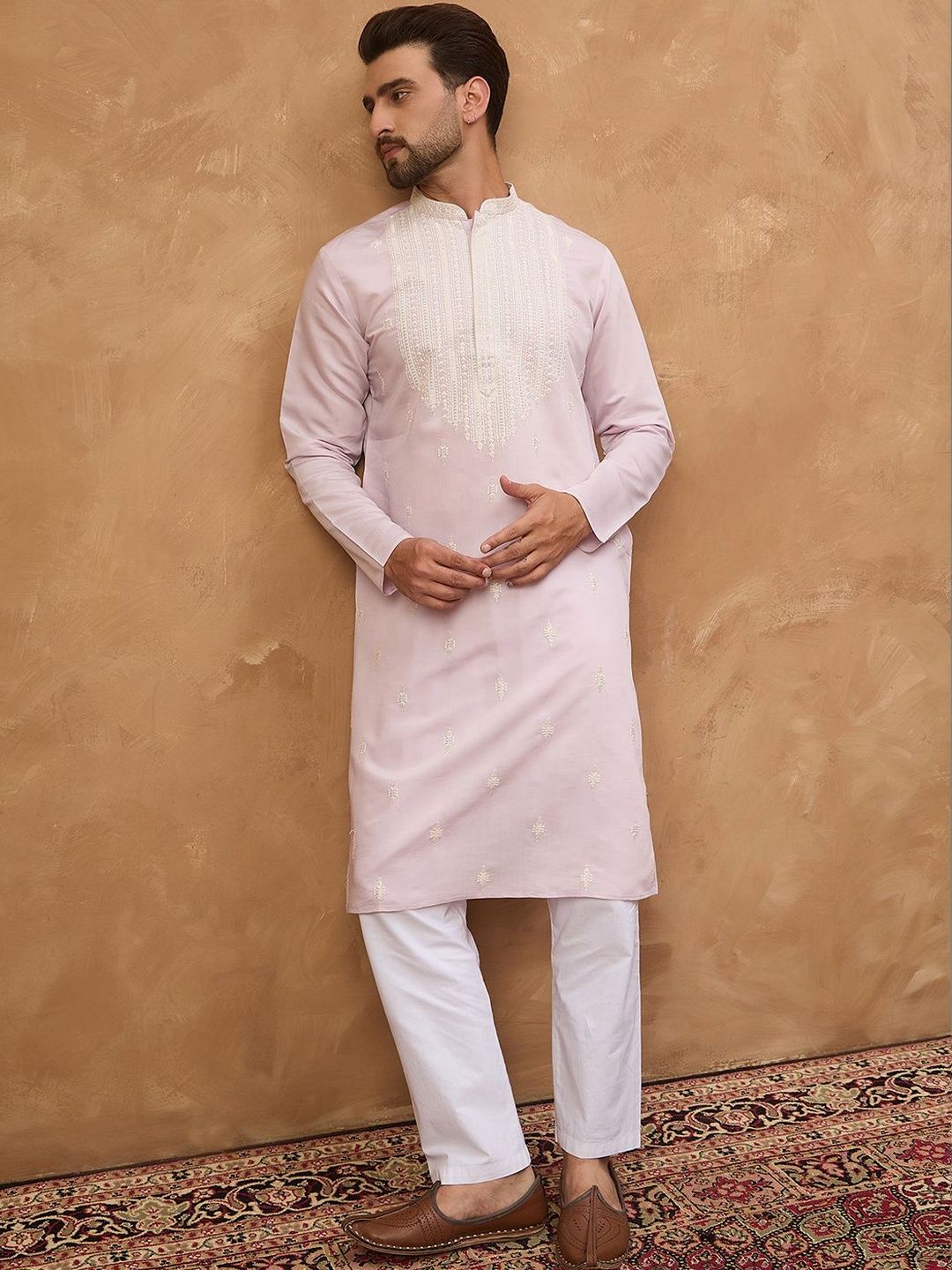 Men Lavender Silk Blend Solid Embroidered Straight Kurta With Pant Set-MKSET1448
