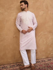 Men Lavender Silk Blend Solid Embroidered Straight Kurta With Pant Set-MKSET1448