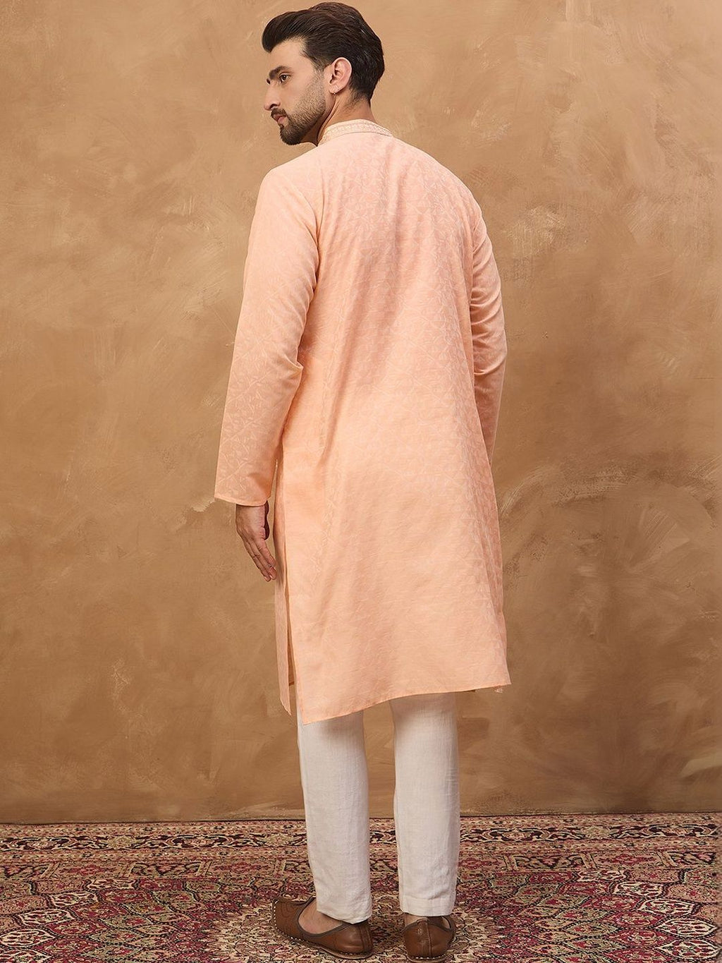 Men Peach Silk Blend Solid Embroidered Straight Kurta With Pant Set-MKSET1453