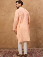 Men Peach Silk Blend Solid Embroidered Straight Kurta With Pant Set-MKSET1453