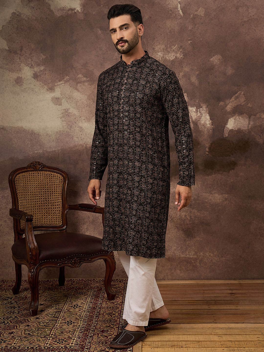 Men Black Viscose Rayon Ethnic Motifs Embroidered Straight Kurta With Pant Set-MKSET1405