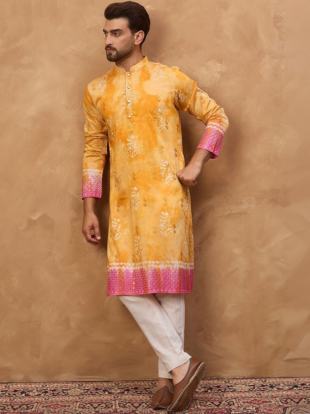 Men Yellow Silk Blend Batik Embroidered Straight Kurta With Pant Set-MKSET1513