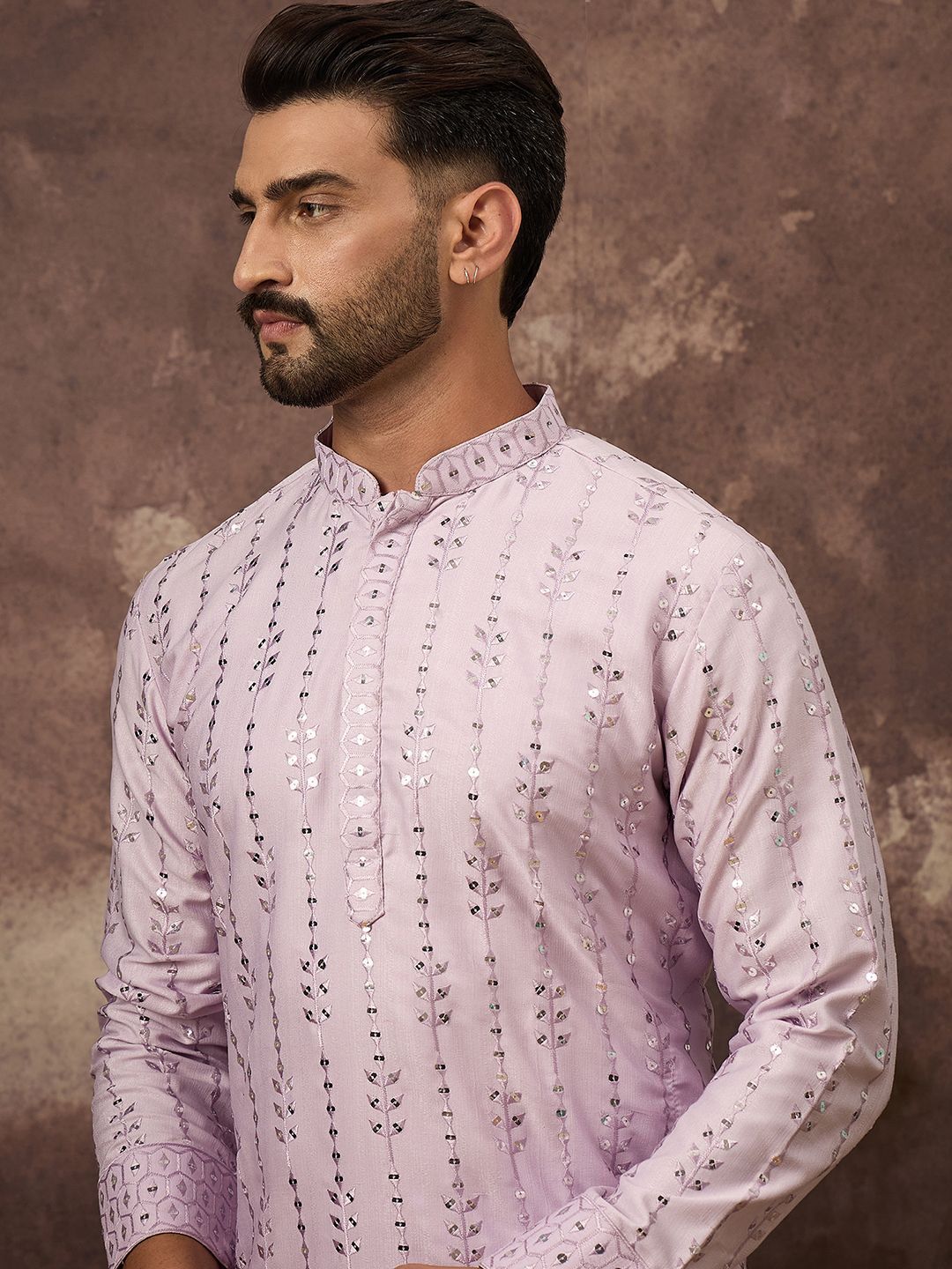 Men Lavender Silk Blend Solid Embroidered Straight Kurta With Pant Set-MKSET1359