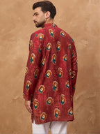 Men Red Viscose Rayon Ethnic Motifs Printed Straight Kurta With Pant Set-MKSET1544