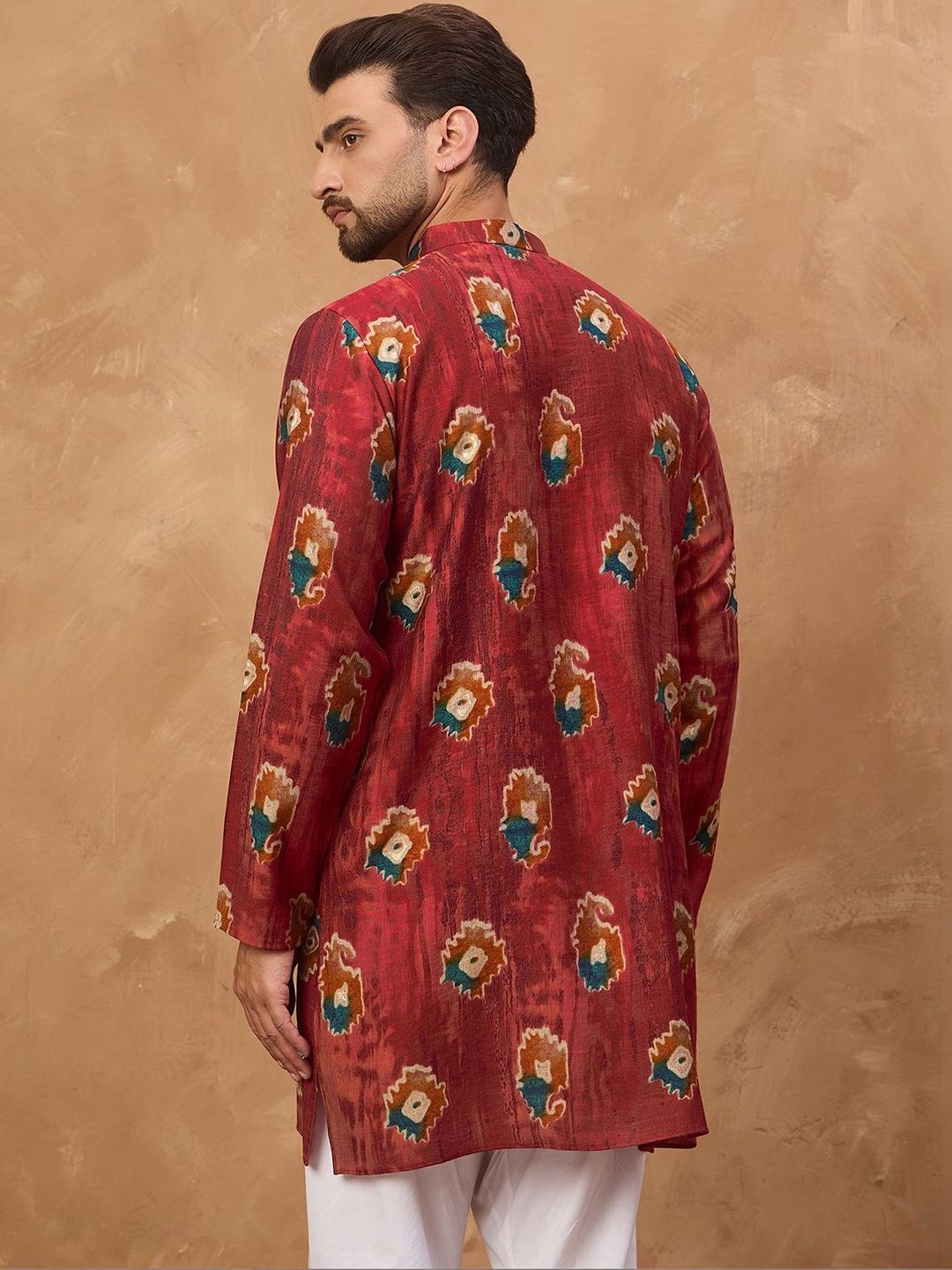 Men Red Viscose Rayon Ethnic Motifs Printed Straight Kurta With Pant Set-MKSET1544