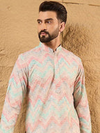 Men Multicolour Viscose Rayon Geometric Embroidered Straight Kurta With Pant Set-MKSET1193