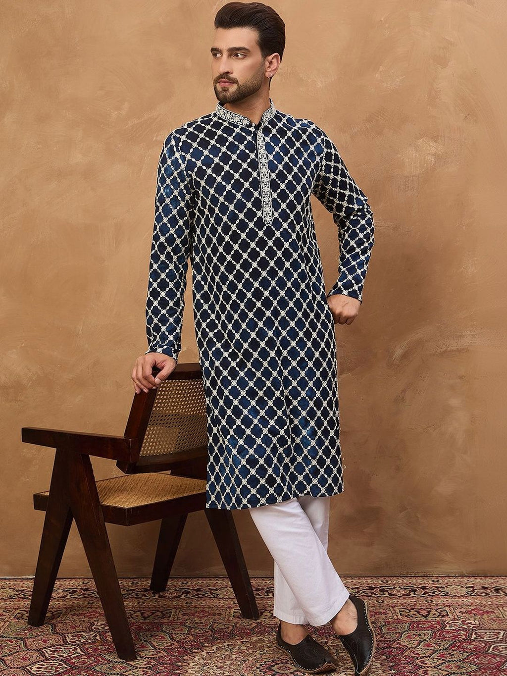 Men Green Silk Blend Batik Embroidered Straight Kurta With Pant Set-MKSET1514