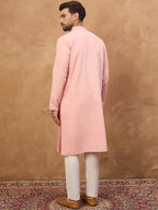 Men Peach Silk Blend Solid Solid Straight Kurta With Pant Set-MKSET1506