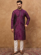 Men Purple Silk Blend Geometric Printed Straight Kurta With Pant Set-MKSET1518