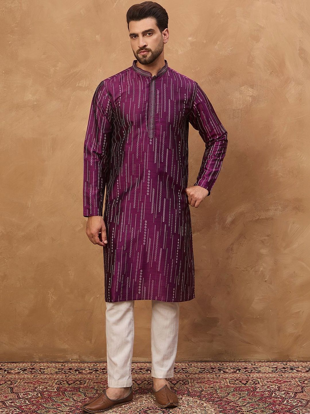 Men Purple Silk Blend Geometric Printed Straight Kurta With Pant Set-MKSET1518