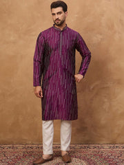 Men Purple Silk Blend Geometric Printed Straight Kurta With Pant Set-MKSET1518